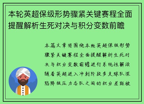 本轮英超保级形势骤紧关键赛程全面提醒解析生死对决与积分变数前瞻